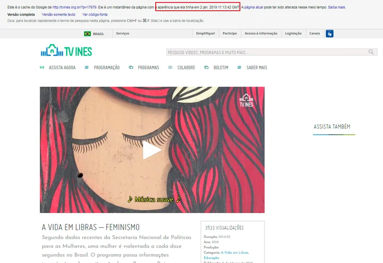 Feminismo: vídeo estava no ar até, pelo menos, 2 de janeiro de 2019 (GoogleCache/Reprodução)