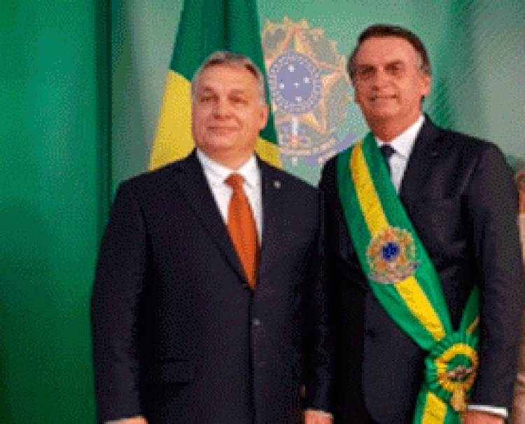 Primeiro-ministro da Hungria, Viktor Orbán, com Bolsonaro: Twitter do governo chamou o líder húngaro de Mike Pompeo, secretário de Estado dos EUA (BrazilGovNews/Reprodução)