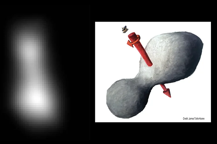 Ultima Thule: objeto celestial mais distante já explorado. (Crédito: NASA / JHUAPL / SwRI; esboço cortesia de James Tuttle Keane/Divulgação)