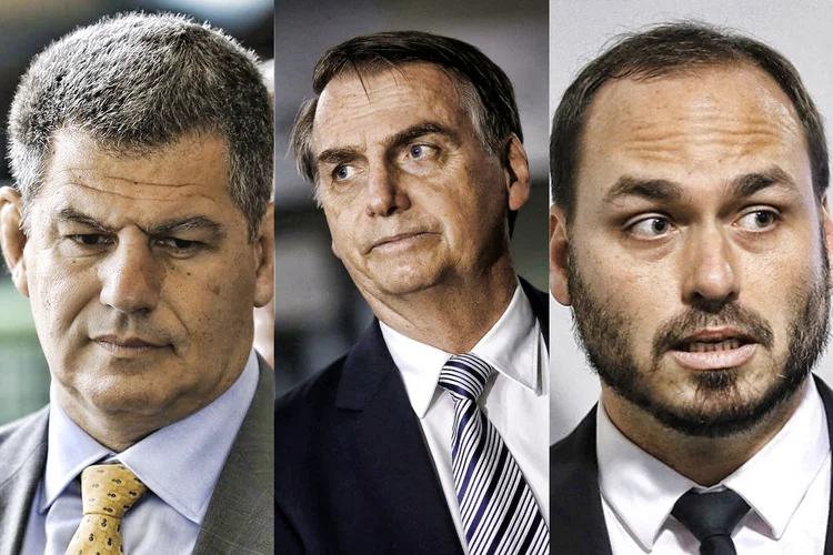 Bebianno, Bolsonaro e Carlos: o ministro, caso saia de fato do governo, cairá atirando? (Montagem/Exame)