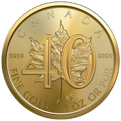 Moeda de barra de ouro com folha de bordo da Casa da Moeda Real Canadense comemora 40 anos