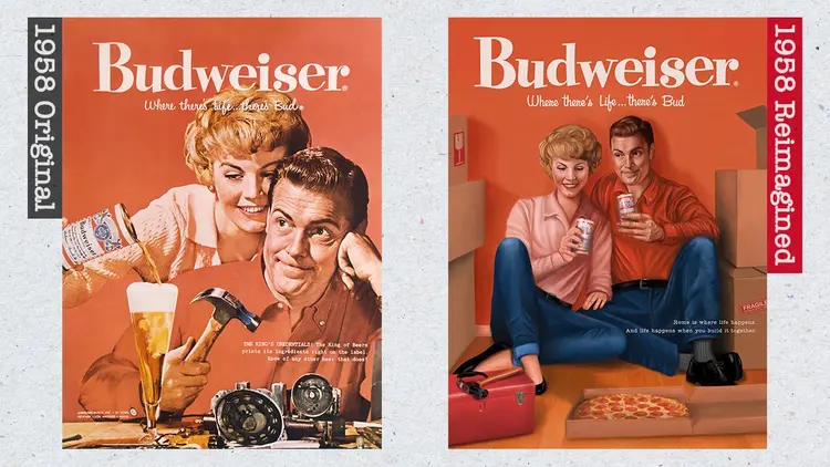 Anúncio dos anos 1950 da Budweiser e recriação de 2019 (Budweiser/Divulgação)