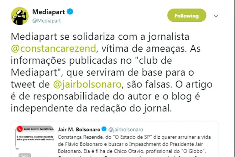 Twitter: a publicação original, que acusava a repórter de ter declarado que tentaria “arruinar” o governo de Jair Bolsonaro (Twitter/Reprodução)