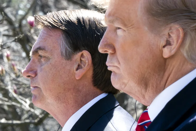 Brasil-EUA: Trump e Bolsonaro durante coletiva na Casa Branca na semana passada (Pool/Getty Images)