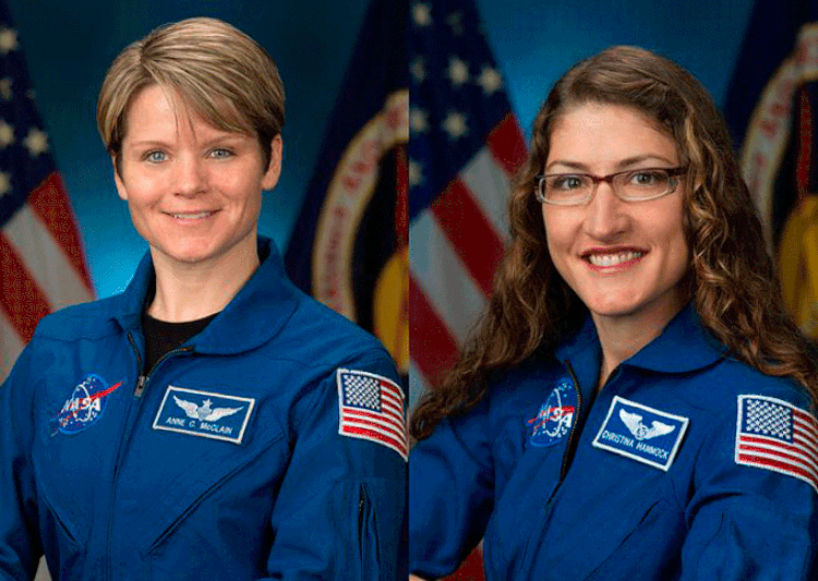 Christina Koch e Anne McClain: astronautas fariam primeira caminhada espacial feminina (Nasa/Divulgação)