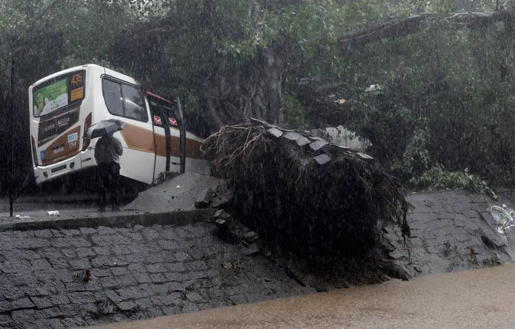 Ônibus atingido por queda de árvore em avenida do Rio de Janeiro após fortes chuvas (Sergio Moraes/Reuters)