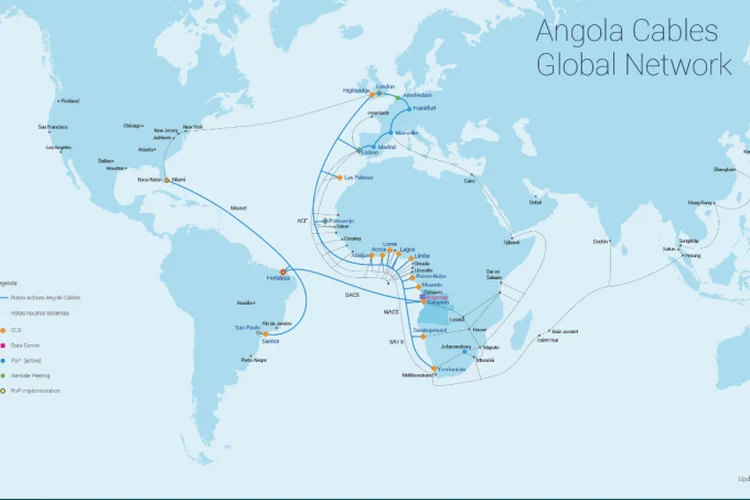 Internet: imagem mostra cabos Submarinos da Angola Cables pelo mundo março/2018) (Angola Cables/Reprodução)