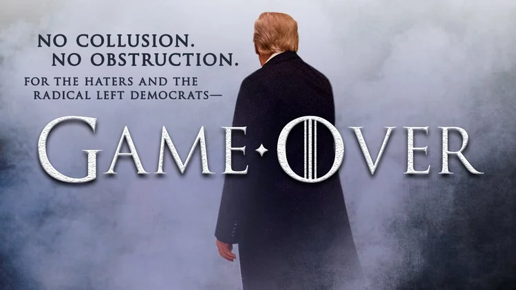 "Nem conspiração, nem obstrução. Para os 'haters' e os esquerdistas radicais democratas... Game over (fim de jogo)", afirmou o presidente americano no Twitter, poucos minutos depois de o procurador-geral falar à imprensa (Donald Trump / Twitter/Reprodução)