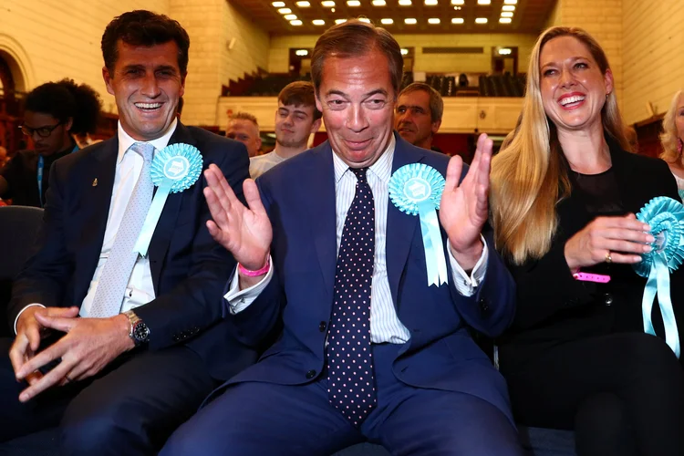 Nigel Farage reage aos resultados das eleições parlamentares da União Europeia. Reino Unido, 27 de maio de 2019.  REUTERS/Hannah McKay (Hannah McKay/Reuters)