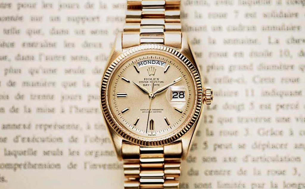 O primeiro Day Date: feito de ouro 18 quilates ou platina, modelo foi lançado pela relojoaria suíça em 1956 (Rolex/Divulgação)