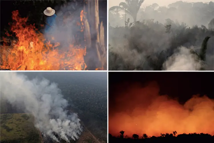 Montagem de fotos dos incêndios na Amazônia. (Montagem/Reuters)