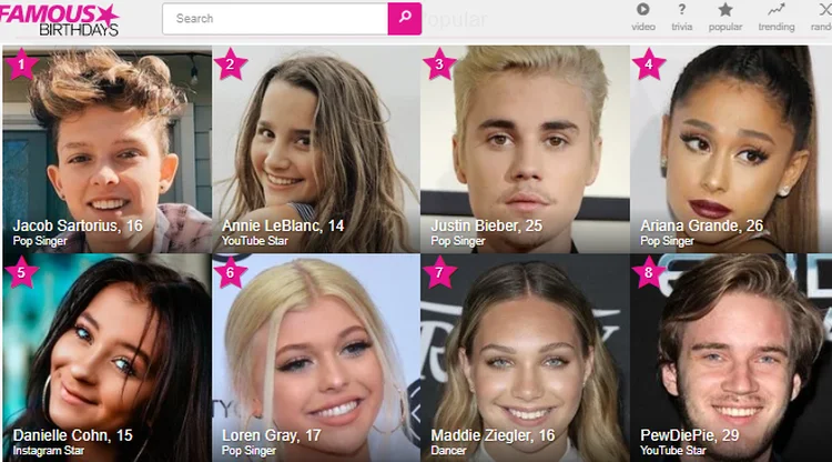 Fãs competem para tornar seu ídolo o mais famoso da plataforma (Famous Birthdays/Reprodução)