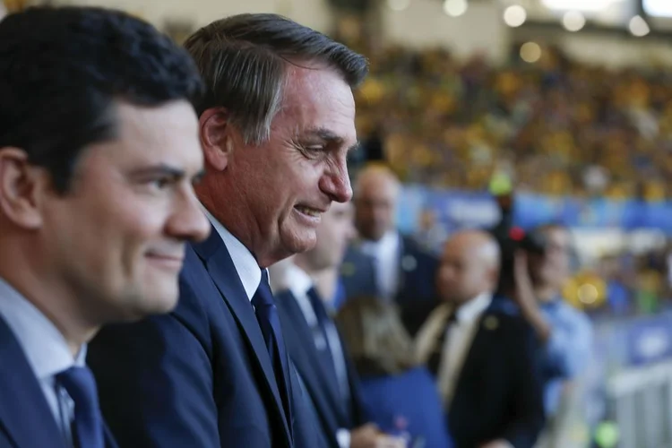 Presidente da República, Jair Bolsonaro e o ministro da Justiça, Sergio Moro durante a final da Copa América 2019, entre as seleções do Brasil e Peru. (Carolina Antunes/PR/Flickr)