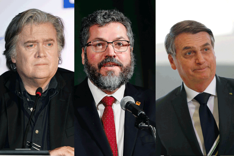 Bannon, Araújo e Bolsonaro: ex-estrategista de Trump se reúne com chanceler brasileiro para discutir o discuso de Bolsonaro na ONU (Montagem/Exame)