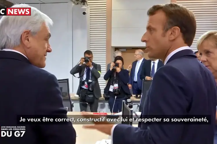Sebastián Piñera, Emmanuel Macron e Angela Merkel criticam Jair Bolsonaro em vídeo registrado durante a cúpula do G7 na França (CNews/Reprodução)