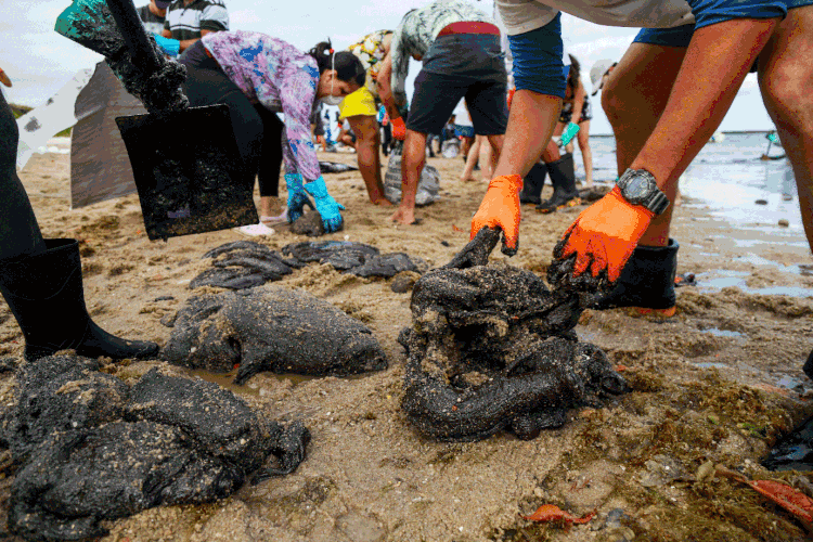 Pessoas removem óleo da praia de Suape, em Cabo de Santo Agostinho (Diego Nigro/Reuters)