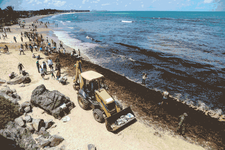 Soldados do exército brasileiro e moradores trabalham para remover óleo da praia de Itapuama, no Cabo de Santo Agostinho (Diego Nigro/Reuters)