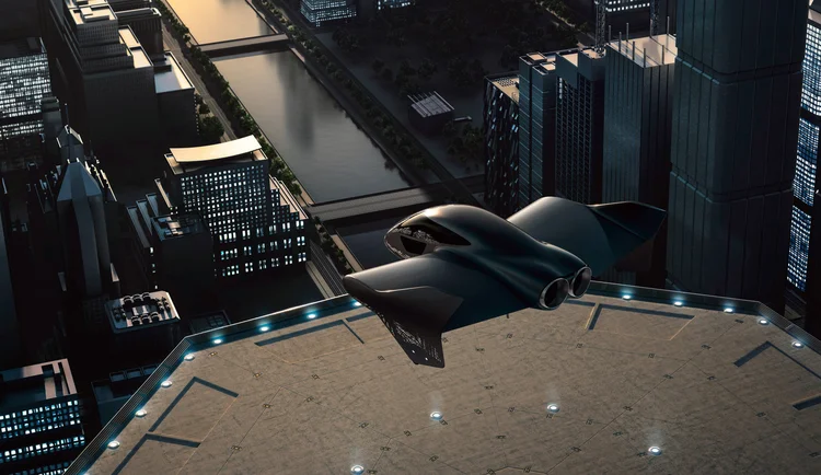Simulação virtual de um carro voador a ser criado por Porsche e Boing (Boeing/Divulgação)