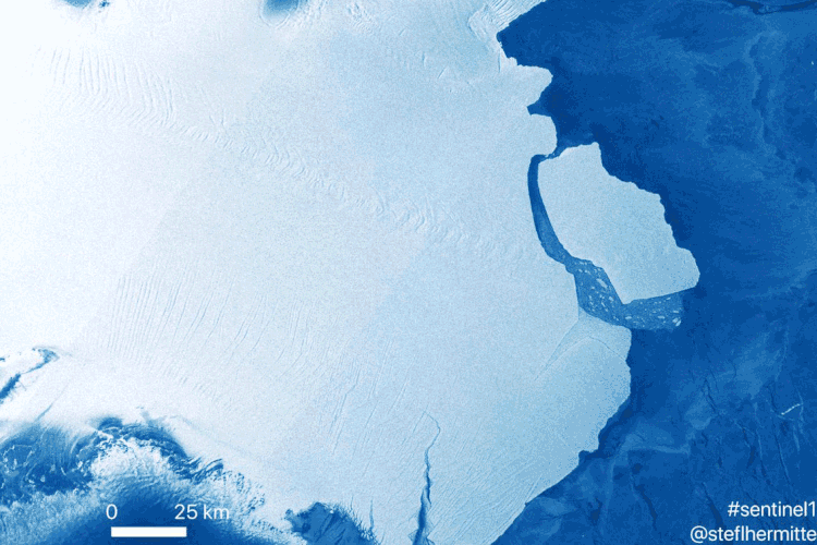 D28: iceberg tem cerca de 210 metros de espessura e contém 315 bilhões de toneladas de gelo (Copernicus/Reprodução)