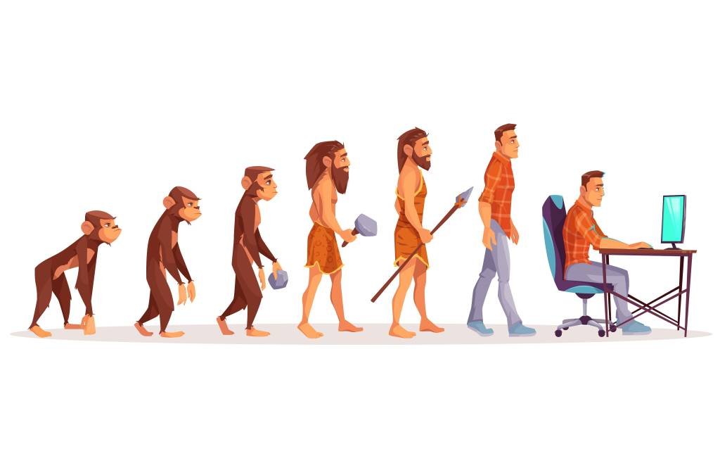 Human evolution of monkey to modern man programmer, computer user isolated on white background. Male character evolve steps from ape to upright homo sapiens, Darwin theory. Cartoon vector illustration (Designed by vectorpouch / Freepik/Creative Commons)