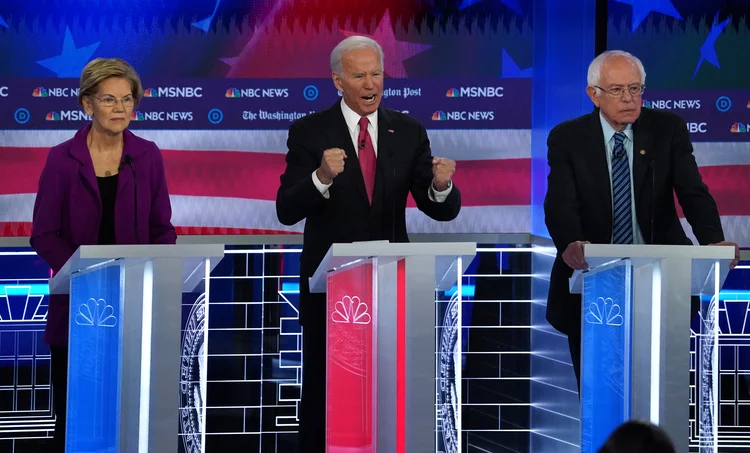 Debate: pré-candidatos presidenciais dos EUA Elizabeth Warren, Joe Biden e Bernie Sanders (Brendan McDermid/Reuters)