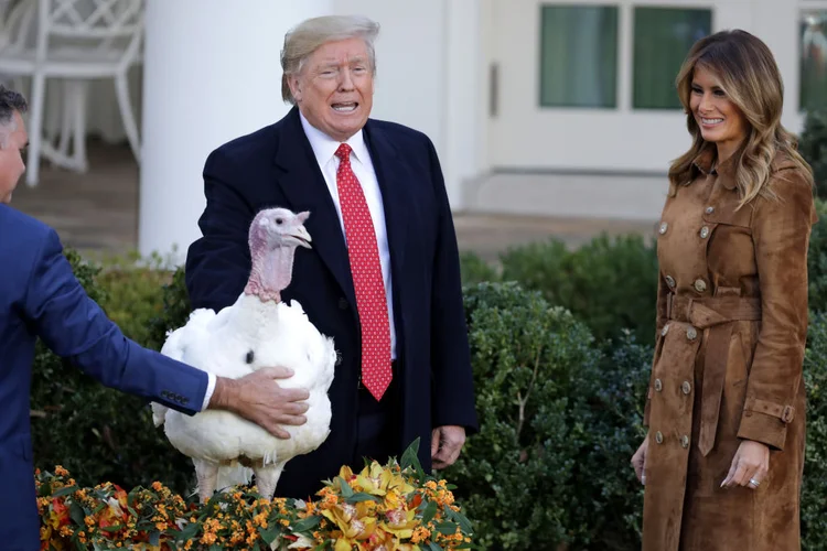 Trump: o republicano cumpriu a tradição de perdoar dois enormes perus por ocasião de uma das maiores festividades do país, na qual essas aves são o prato principal (Chip Somodevilla/Getty Images)