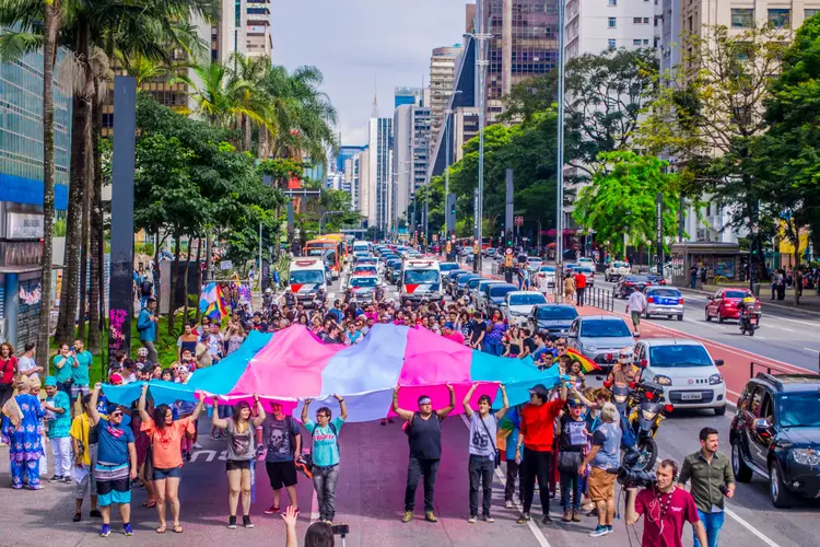 Manifestação pelos direitos trans na avenida Paulista, em São Paulo: 
 (NurPhoto/Getty Images)