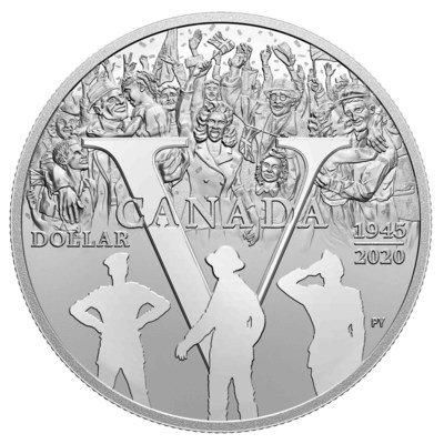 O dólar proof de prata da Casa da Moeda Real Canadense celebrando o 75o aniversário do Dia da Vitória na Europa (V-E Day) (CNW Group/Royal Canadian Mint)