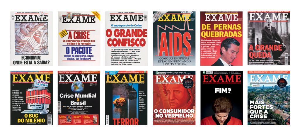 As crises nas capas históricas da EXAME: retratar as crises e seus desdobramentos, e trazer lições para o Brasil sair mais forte delas, é uma de nossas missões nestes 52 anos /  (Exame/Exame)