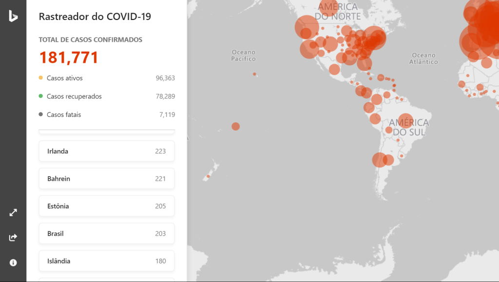 Mapa: site da MIcrosoft coleta informações sobre o coronavírus de diversas fontes (Bing/Microsoft/Reprodução)