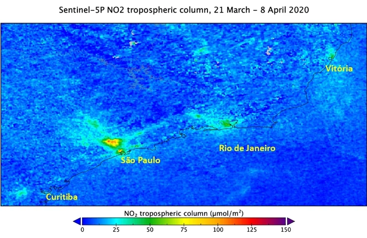 Imagem de satélite: céu da cidade de São Paulo está mais limpo (Henk Eskes/ KNMI/Reprodução)