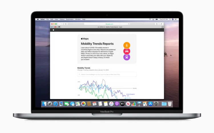 Imagem do site da Apple: a ferramenta traz dados sobre a queda no uso do Apple Maps em diversas cidades e países (Apple/Divulgação)