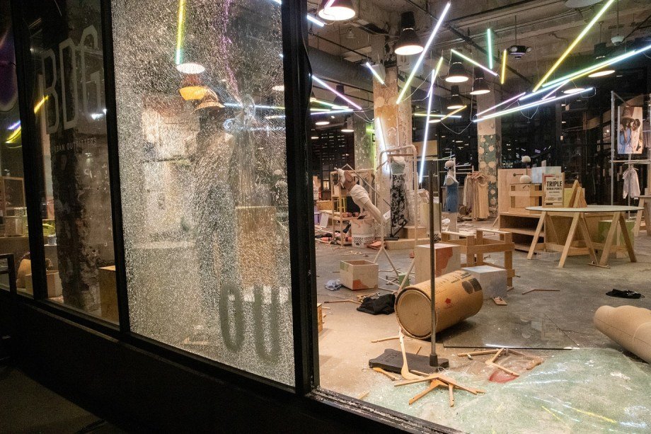 General view of an Urban Outfitters store which was looted by some protesters after they participated in a march against the death in Minneapolis police custody of George Floyd, in the Manhattan borough of New York City, U.S., June 1, 2020. Picture taken June 1, 2020. REUTERS/Jeenah Moon