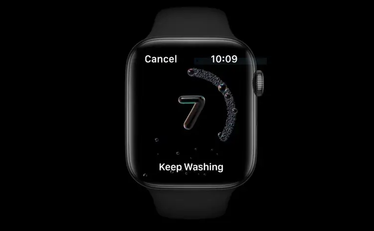 Tela do novo watchOS 7: o sistema do Apple Watch tem contagem regressiva para lavar as mãos (Apple/Reprodução)