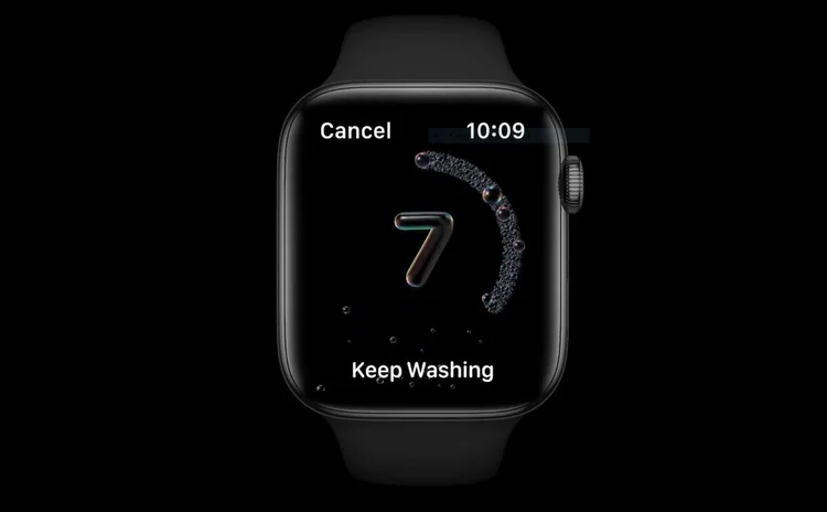 Tela do novo watchOS 7: o sistema do Apple Watch tem contagem regressiva para lavar as mãos (Apple/Reprodução)