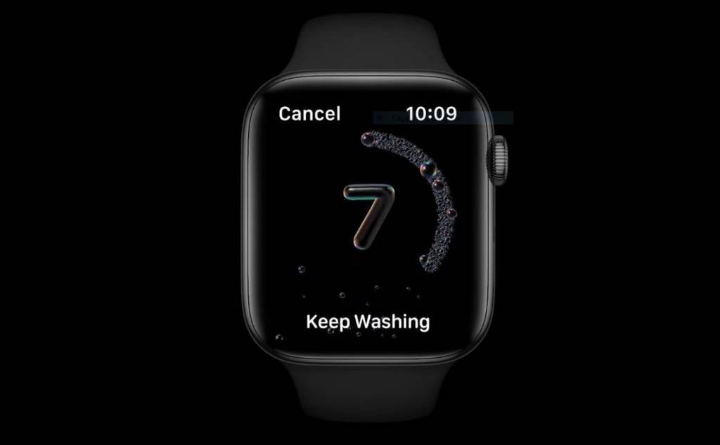 Tela do novo watchOS 7: o sistema do Apple Watch tem contagem regressiva para lavar as mãos (Apple/Reprodução)