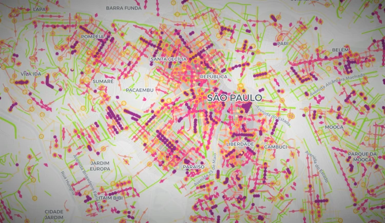 Mapa com casos de coronavírus em São Paulo: (LabCidade/FAU-USP/Agência Fapesp)