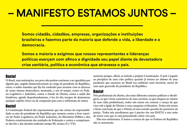 Estamos Juntos e Basta!: movimentos despontam nas redes sociais com assinatura de centenas de figuras públicas, como artistas, pensadores, economistas, juristas, entre outros (Montagem/Reprodução)