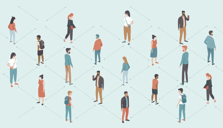 Social distancing concept during coronavirus COVID-19 2019-ncov disease oubreak. People keep distance from each other. Flat vector illustration (zubada/Getty Images for National Geographic Magazine)