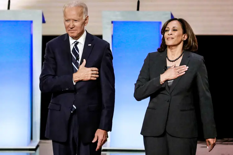 Joe Biden e Kamala Harris: primeiro discurso público duplo mirou as falhas de Trump e a crise do coronavírus (Lucas Jackson/Reuters)