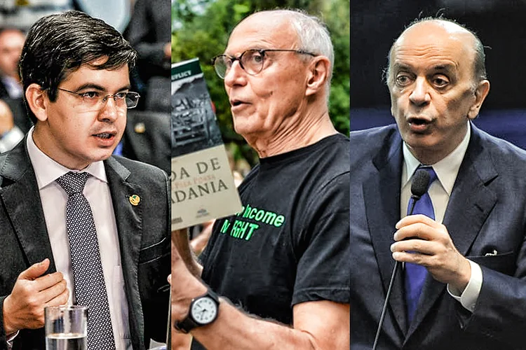 Os senadores Randolfe Rodrigues e José Serra (pontas), autores de projetos que aumentam a transferência de renda, e Eduardo Suplicy, ex-senador e autor da lei de 2004 que prevê a implantação da renda básica de cidadania (Montagem EXAME/Agência Senado)