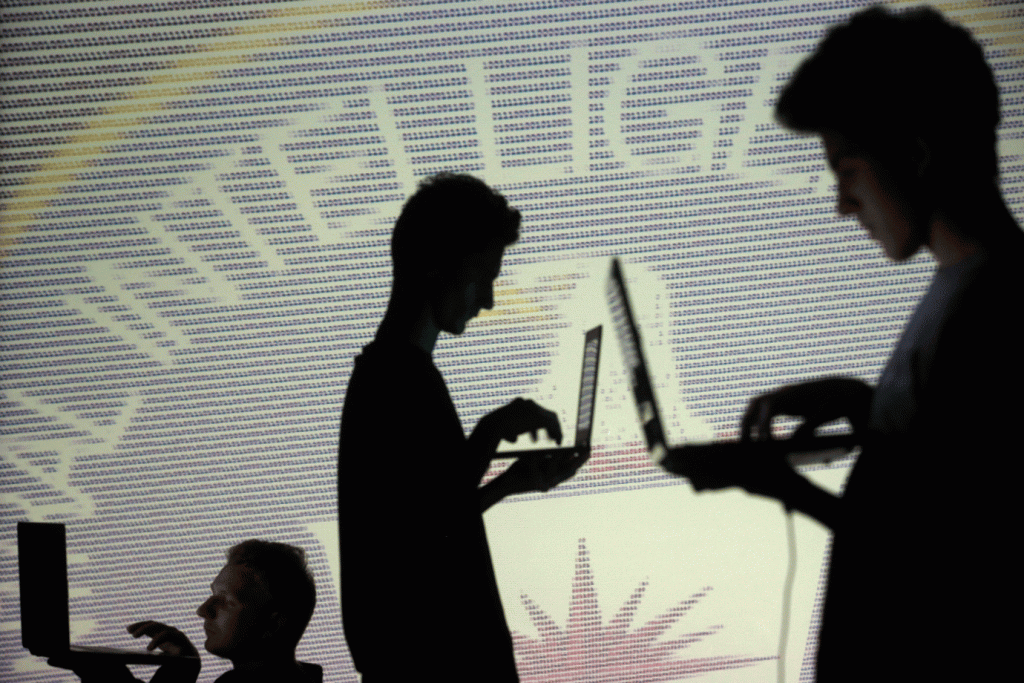 Silhueta de pessoas enquanto usam laptops em frente a uma imagem com códigos binários da Central Inteligence Agency (CIA) (Dado Ruvic/Reuters)
