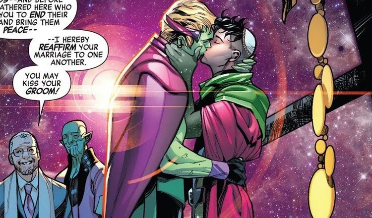 HQ: heróis da Marvel, Wiccano e Hulkling, tinham se casado em segredo na quarta edição de Empyre (Redes sociais/Reprodução)