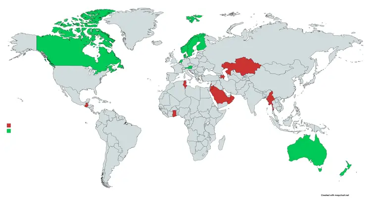 Relatório avaliou 73 nações em 65 categorias diferentes. Foram entrevistadas mais de 20.000 pessoas nas Américas, Ásia, Europa, Oriente Médio e África (MapChart/Reprodução)