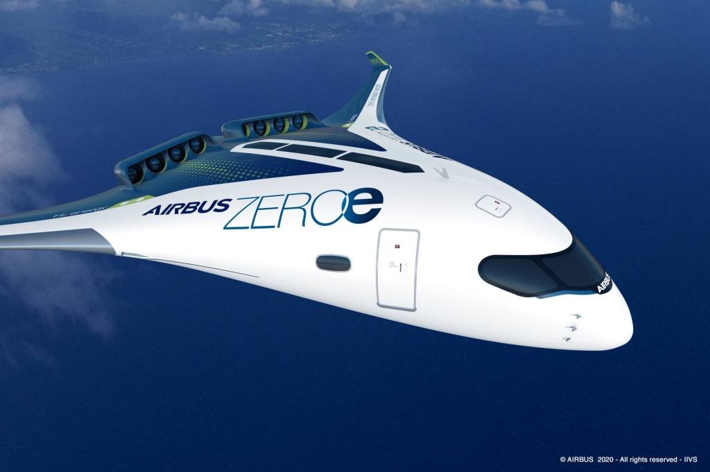 Protótipo de avião movido a hidrogênio da Airbus: Aviões grandes, de rotas longas, vão demorar a retornar aos céus. Tudo isso favorece a Airbus, focada em jatos médios e com dinheiro em caixa para investir em inovação (Reprodução/Airbus)