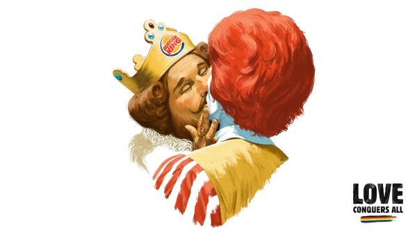 Mascote do Burger King beija Ronald McDonald em campanha; entenda