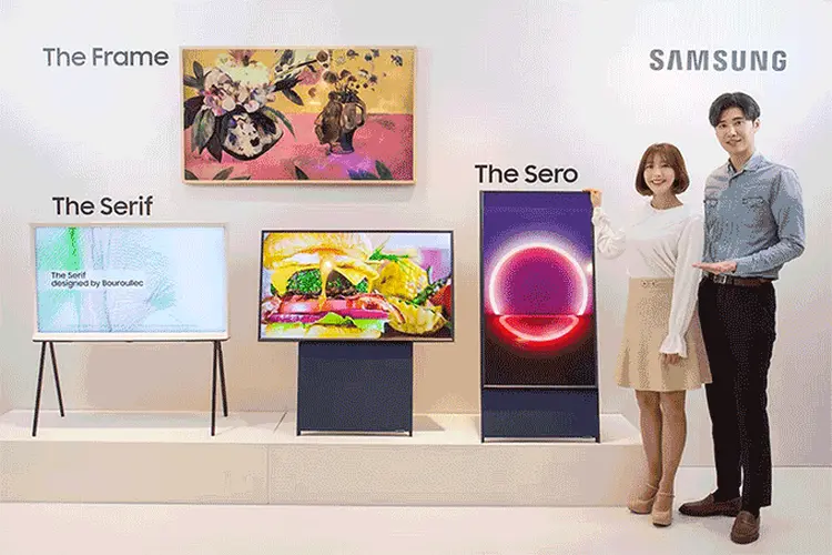TVs da Samsung: modelo The Sero tem tela vertical; The Frame exibe obras de arte na tela; The Serif é voltada ao segmento de estilo (.Samsung/Divulgação)