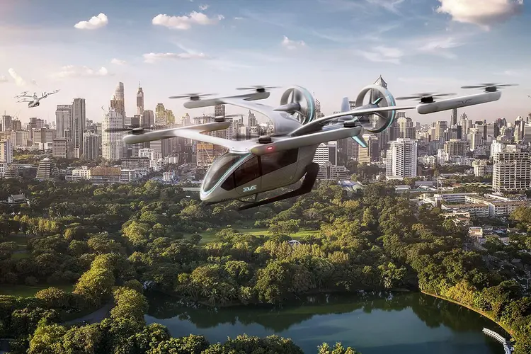 O eVTOL da Eve é uma aeronave de pouso e decolagem vertical totalmente elétrica (Embraer/Divulgação)