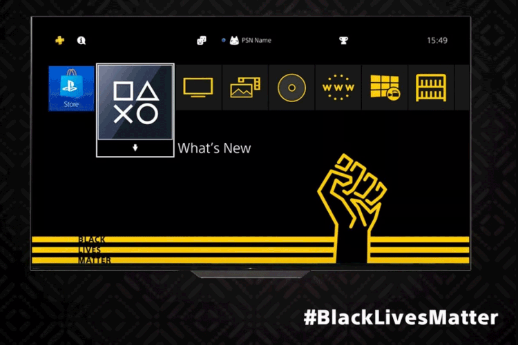 Sony: tema traz um papel de parede preto com um punho de contorno amarelo, um símbolo associado ao movimento, no lado direito de a tela (Sony/Reprodução)