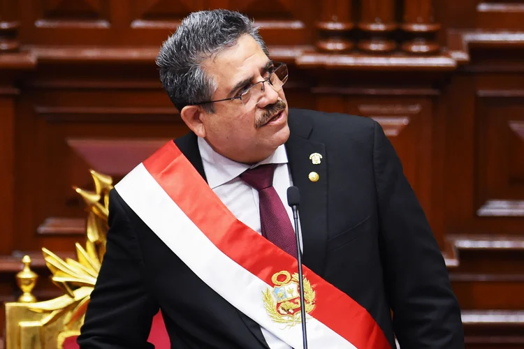 Presidente interino do Peru Manuel Merino: ele assumiu o cargo em novembro após liderar, como presidente da Câmara, um impeachment contra o antigo presidente  (Cesar Von/Getty Images)